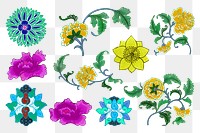 Flower png sticker, aesthetic vintage Chinese graphic, transparent background set