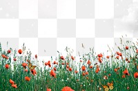 Flower field png border, red poppy, bling design on transparent background