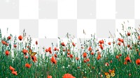 Flower field png border, red poppy, bling design on transparent background