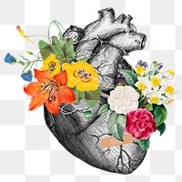 Beautiful heart png sticker, flower collage, grayscale transparent background