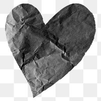 Black heart png sticker, crumpled paper transparent background