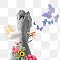 Clasped hands png sticker, flower mixed media  transparent background