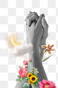 Clasped hands png sticker, flower mixed media transparent background