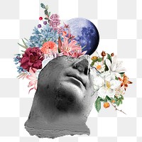 Png surreal statue head sticker, flower collage art  transparent background