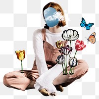 Woman png sticker, surreal escapism mixed media transparent background