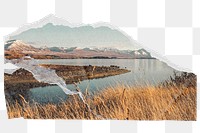 Lake landscape png sticker, torn paper transparent background