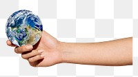 Png hand holding globe sticker, transparent background