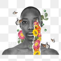 Mental health png sticker, African woman mixed media transparent background