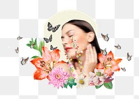 Png floral woman collage sticker, self care transparent background