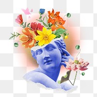 Png flower head statue sticker, mixed media transparent background