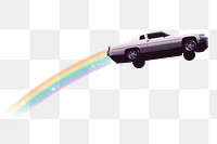 Png vintage flying car sticker, rainbow bling transparent background