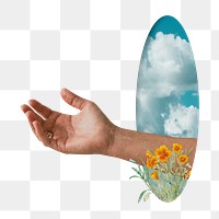 Surreal escapism png sticker, hand through sky mirror transparent background