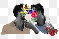 Gay kissing png sticker, floral collage art, transparent background