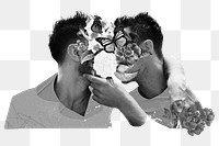 Png grayscale lovers kissing  sticker, gay couple transparent background