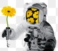 Astronaut collage png sticker, sunflower transparent background
