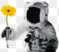 Astronaut collage png sticker, sunflower transparent background