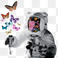 Astronaut collage png sticker, butterflies  transparent background