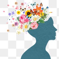 Flower head png sticker, blue silhouette transparent background