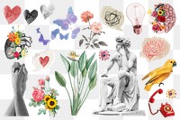 Png mental health collage set sticker, surreal escapism transparent background