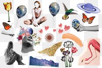 Png health & wellness collage set sticker, surreal mixed media transparent background