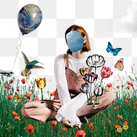 Woman collage png sticker, surreal escapism transparent background