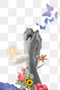 Clasped hands png sticker, surreal collage art transparent background