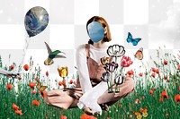 Surreal aesthetic png sticker, faceless woman collage transparent background