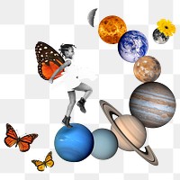 Surreal escapism png sticker, planet collage art transparent background