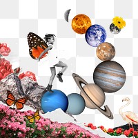 Png outer space landscape sticker, little girl transparent background