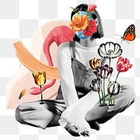 Grayscale woman png sticker, flower face collage transparent background