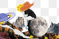 Png moon collage art sticker, surreal escapism transparent background