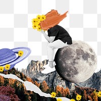 Moon collage png sticker, surreal escapism transparent background