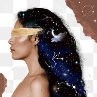 Blindfolded woman png sticker, celestial transparent background