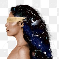 Blindfolded woman png sticker, celestial transparent background