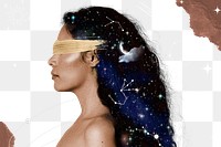 Blindfolded woman png sticker, celestial transparent background