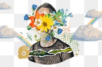 Png flower face man sticker, sky transparent background