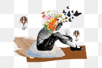 Sad woman png sticker, surreal escapism transparent background