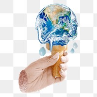 Earth melting png sticker, ice cream cone, transparent background