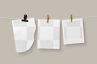 Paper & frame png mockups hanging on clothing line, transparent design