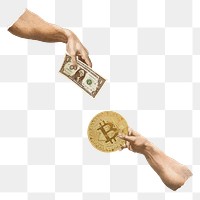 Exchanging dollar bitcoin png, collage element on transparent background