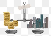 Buildings money on scale png, real estate collage element on transparent background