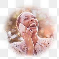 PNG Happy African American woman talking on a phone, transparent background