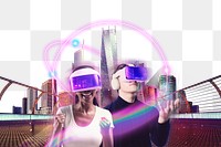 Technology png sticker, people experiencing VR headsets, transparent background