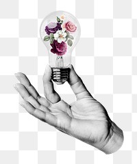 Light bulb png sticker, surreal flower in hand, transparent background