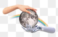 Technology png sticker, hands & moon design, transparent background