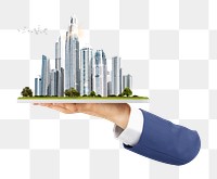 Real estate png sticker, hand holding city, transparent background