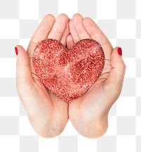 Png hand holding heart sticker, transparent background