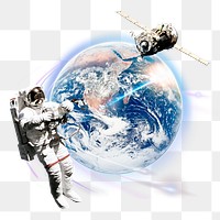 Astronaut floating png sticker, space satellite, transparent background