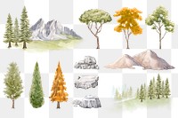 PNG watercolor nature collage element, transparent background set