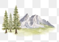 Watercolor nature png, forest and mountain clipart, transparent background